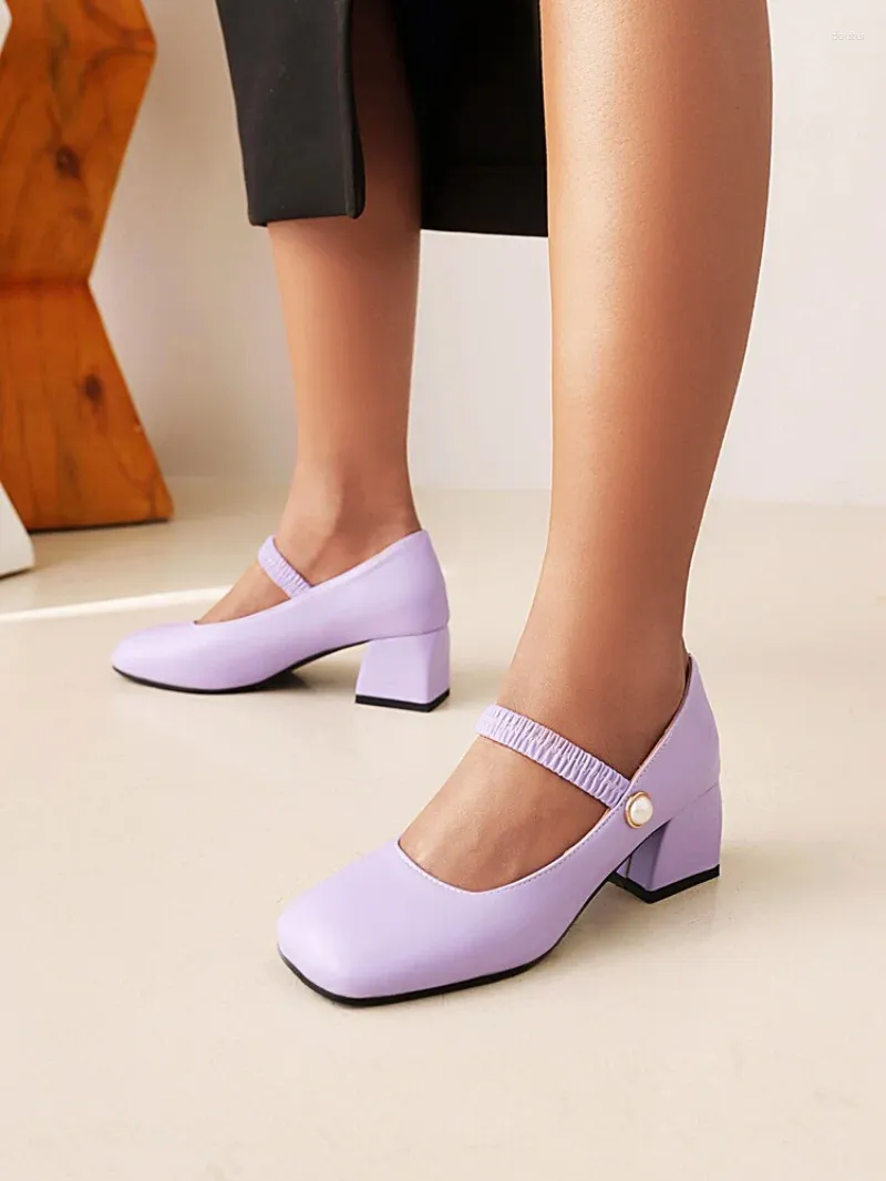 Klänningskor Spring Autumn Styles Fashion Round Head High-Heeled Women's Shallow Mouth Sweet Purple Thick Heel Women High 5cm