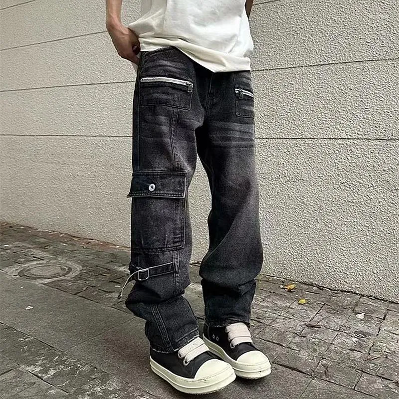 Мужские джинсы 2023 Y2K, уличная одежда, потертые черные мешковатые брюки-карго на молнии для мужчин, одежда, прямые джинсовые брюки в стиле хип-хоп Pantalon Homme