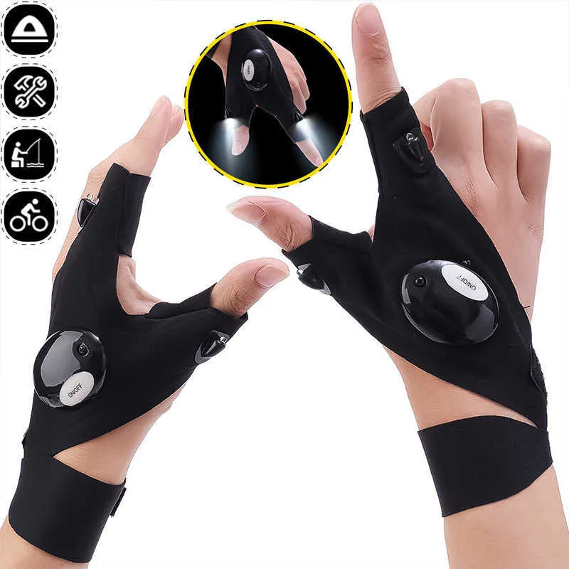 Gants de pêche tanches avec lampe de poche LED sangle magique en plein air sans doigts veilleuse outils de sauvetage accessoires de Moto nouvelle collection