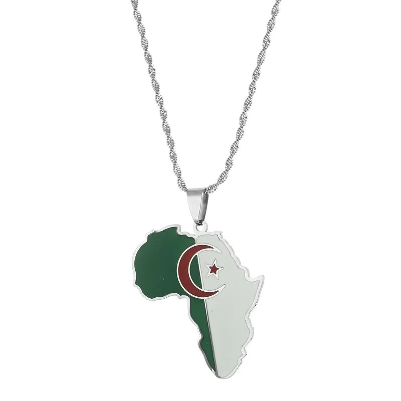 Chains Stainless Steel Enamel Flag Africa & Algeria Map Pendant Necklaces Silver Gold Color Jewelry Country Birthday Gift