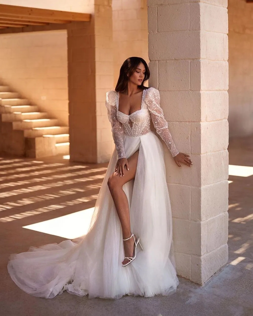Save Big on Bulk Glitter Wedding Dress Long Sleeve Long Sleeve Sweetheart  Wedding Dress Tulle Bridal Gown With Glitter Side Split Best Deals on 