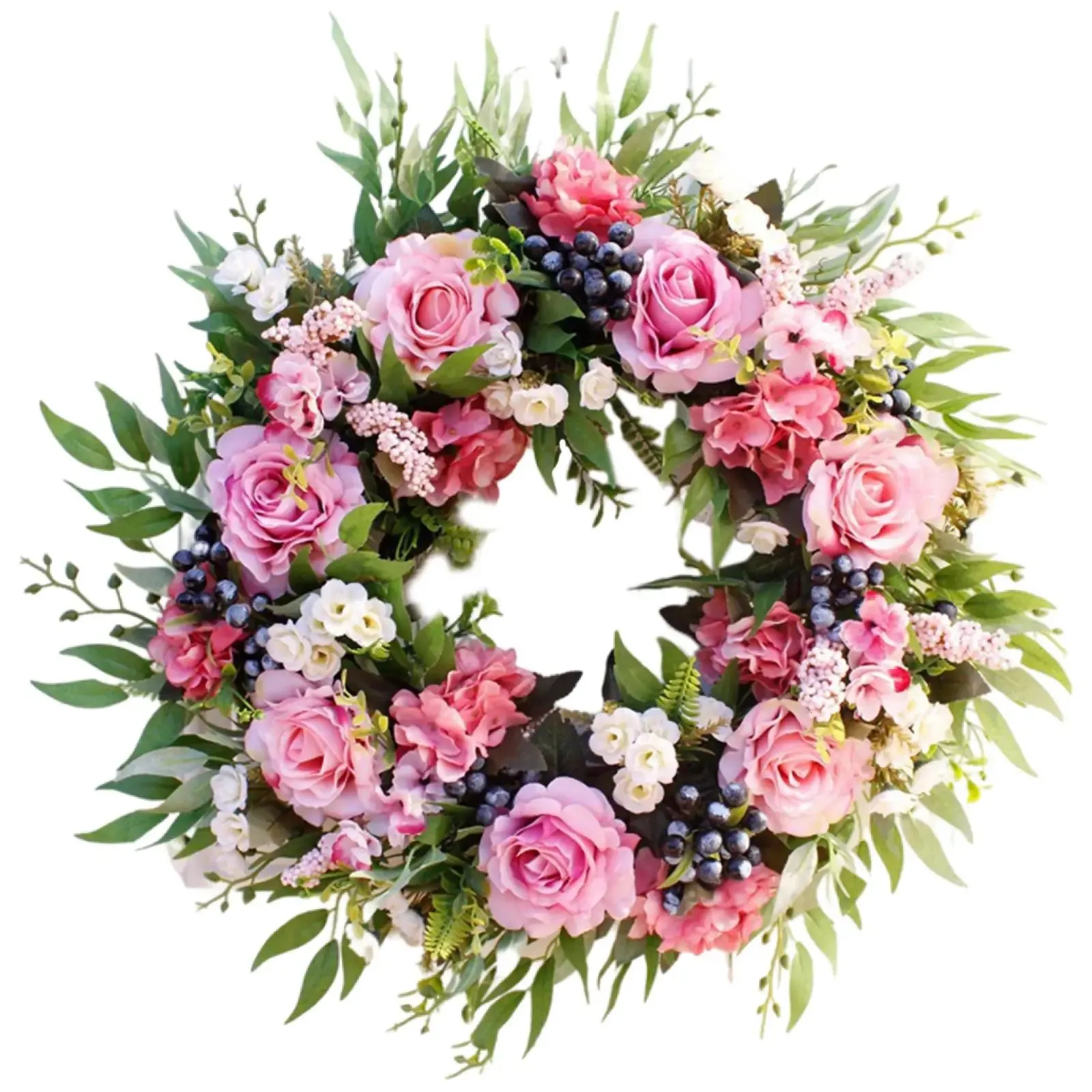 50cm Front Door Wreath Rose Artificial Flowers Garland Hanging Greenery Leaf Outside for Backdrop Festival Party Window Holiday