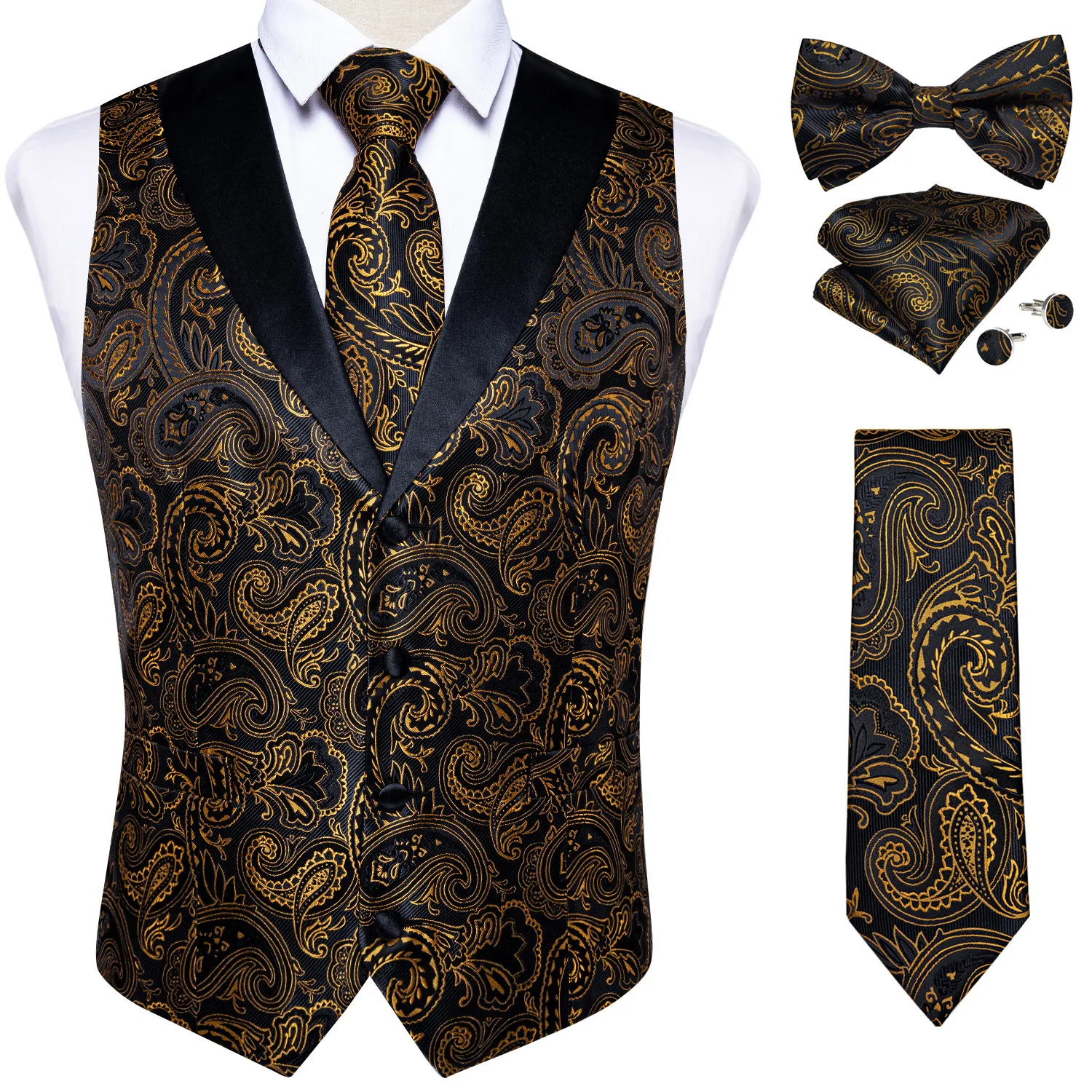 Chalecos para hombres Traje de marca Conjunto de chaleco para hombres Seda de lujo Negro Oro Paisley Vestido Chaleco Corbata Gemelos Pañuelo Conjunto Chaleco sin mangas masculino 230424