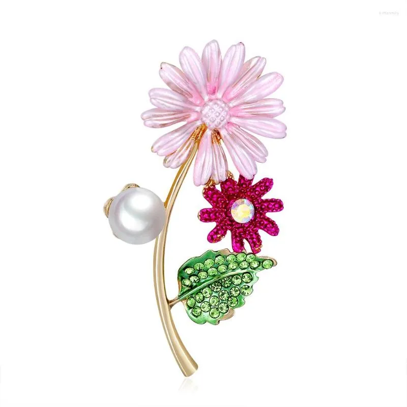 Broszki szkliwa różowe stokrotki piny broszki dla kobiet w kolorze zielonym liściu śluby bukietowe biżuteria akcesoria