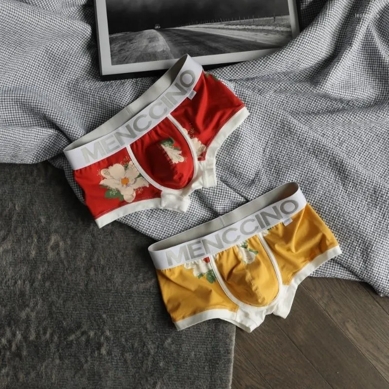 Underpants 2pcs/lote menccino masculino masculino de boxer baixa cintura algodão tight algodão juvenil boxers azul e amarelo.