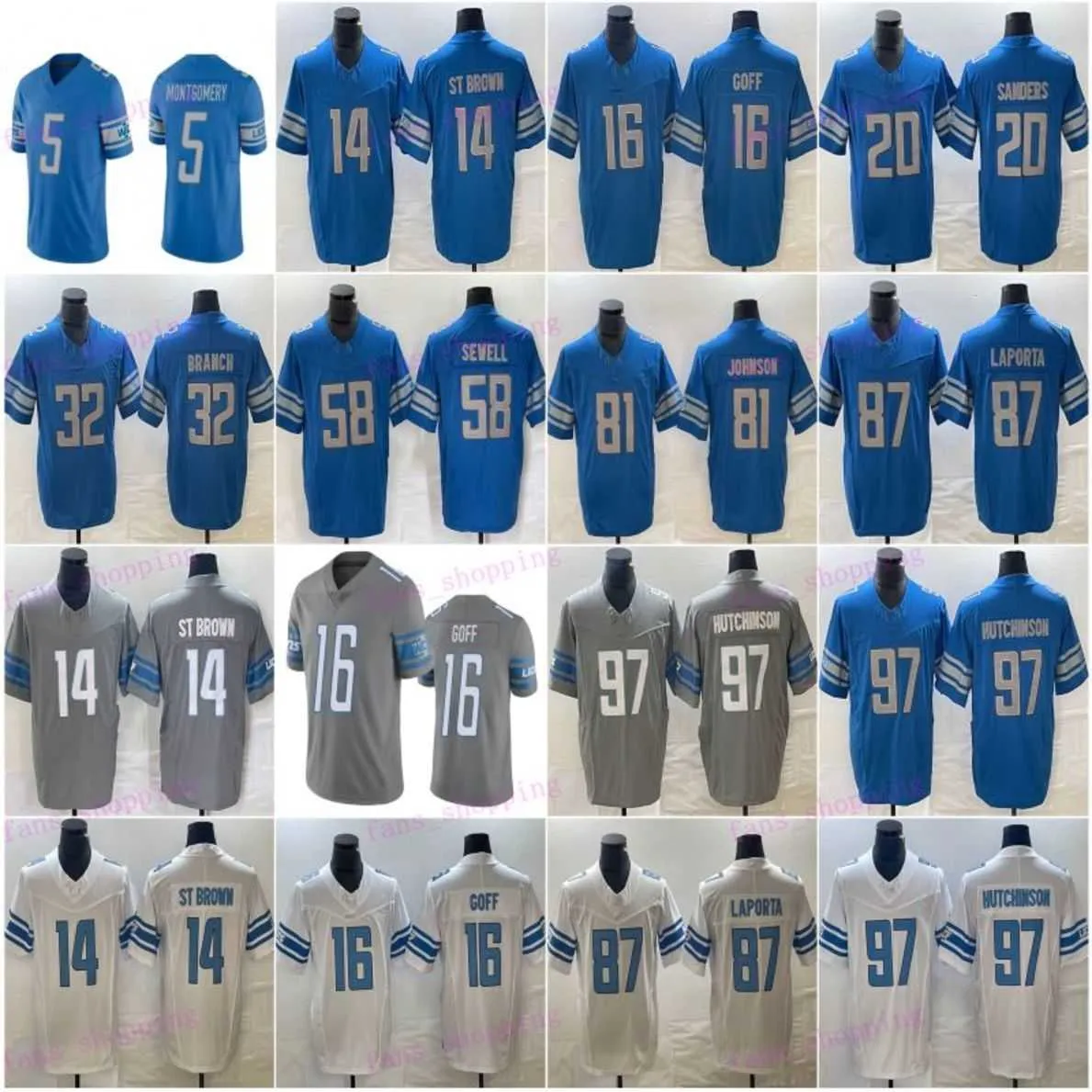 Aidan Hutchinson Football Jersey Amon-Ra St. Brown Sam LaPorta Barry Sanders Jared Goff Brian Branch Penei Sewell