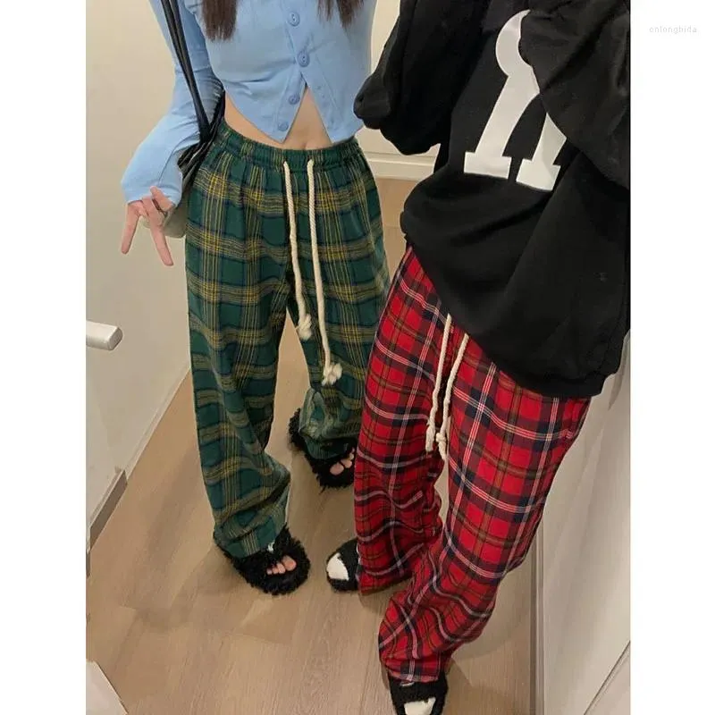 Women's Pants Korean Fashion Loose Plaid Women Y2K Vintage Red Green Wide Leg Checkered Trousers Woman Harajuku Street Jogg Sweatpants