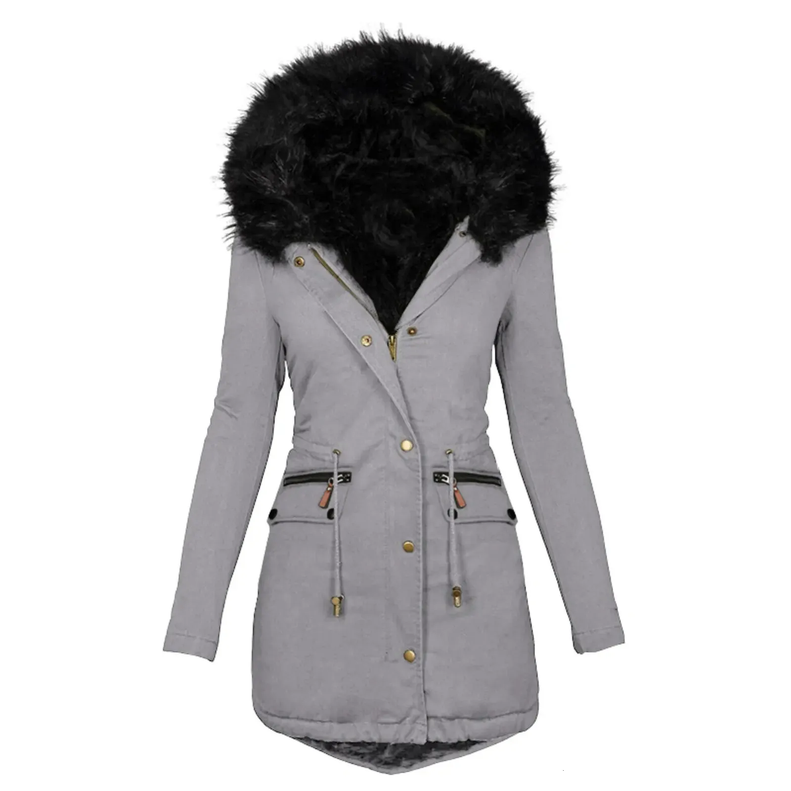 Women's Down Parkas Winter Jacket Women Coat Fur Collar Long Sleeve Faux Hood Midlength Warm Parka Snow Outerwear 231123