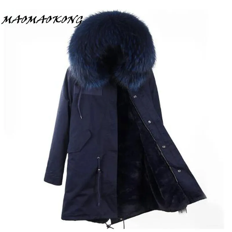 Women's Down Parkas Brand Women Winter Jacket Long Detachable Lining navy blue Large Real Raccoon Fur Hooded Coat Outwear 231123