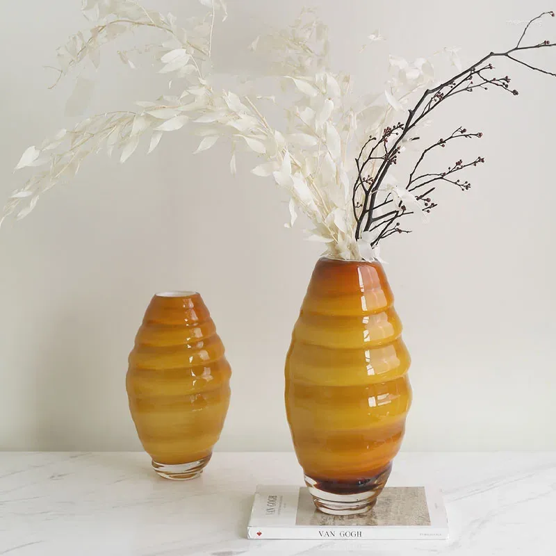 Vases Modern Yellow Brown Glazed Spiral Glass Flower Vase Living Room Dining Table Centerpieces Entryway Ornaments