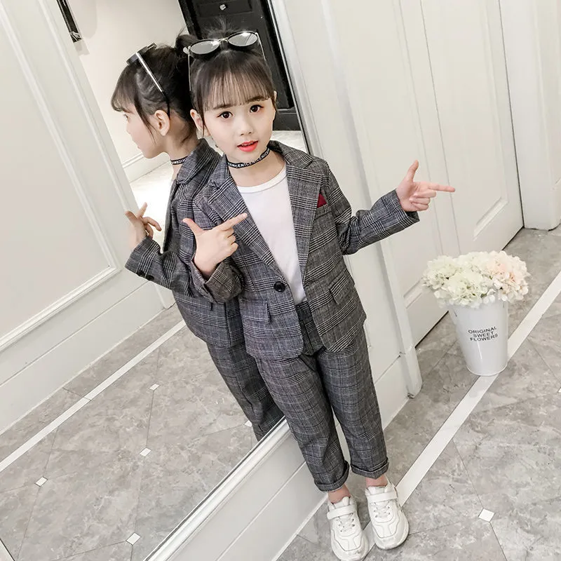 Suits Fashion Wedding Kids Suit for Girls Formal Pant Suits for Teenagers 2PCS Blazer Set Brand Plaid Children Blazer 4 5 7 9 11 13T 230424