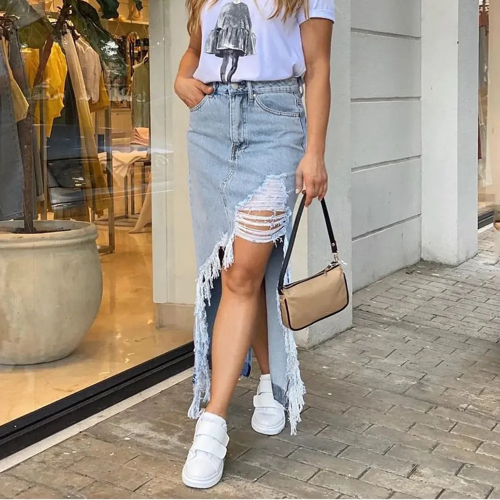 Designer Denim Long Skirts Women High Waist Ripped Side Split Skirt Summer Clothes Vintage Tassels Distressed Blue Jeans Skirts Bulk Items Wholesale