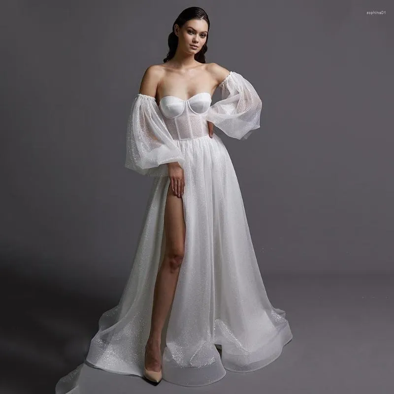 Wedding Dress 2023 Sexy Slit Glitter Dresses With Removable Sleeves A-line Bridal Gown Boho Bride Plus Size Robe De Mairee