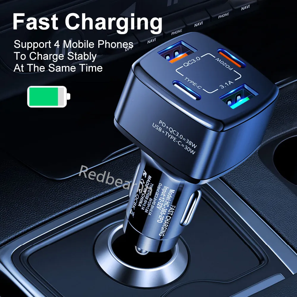 38W Fast Quick Charging PD Car Chargers 4Ports USB-C QC3.0 Car  Power Adapters For iPhone 13 14 Pro max Samsung  lg android phone with box