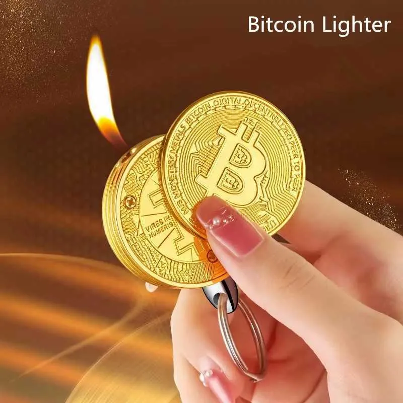Tändare Ny Creative Bitcoin Butane No Gas Lighter Stock Commemorative Coin Virtual Novely Unique Pendant Rökningstillbehör Gadgets