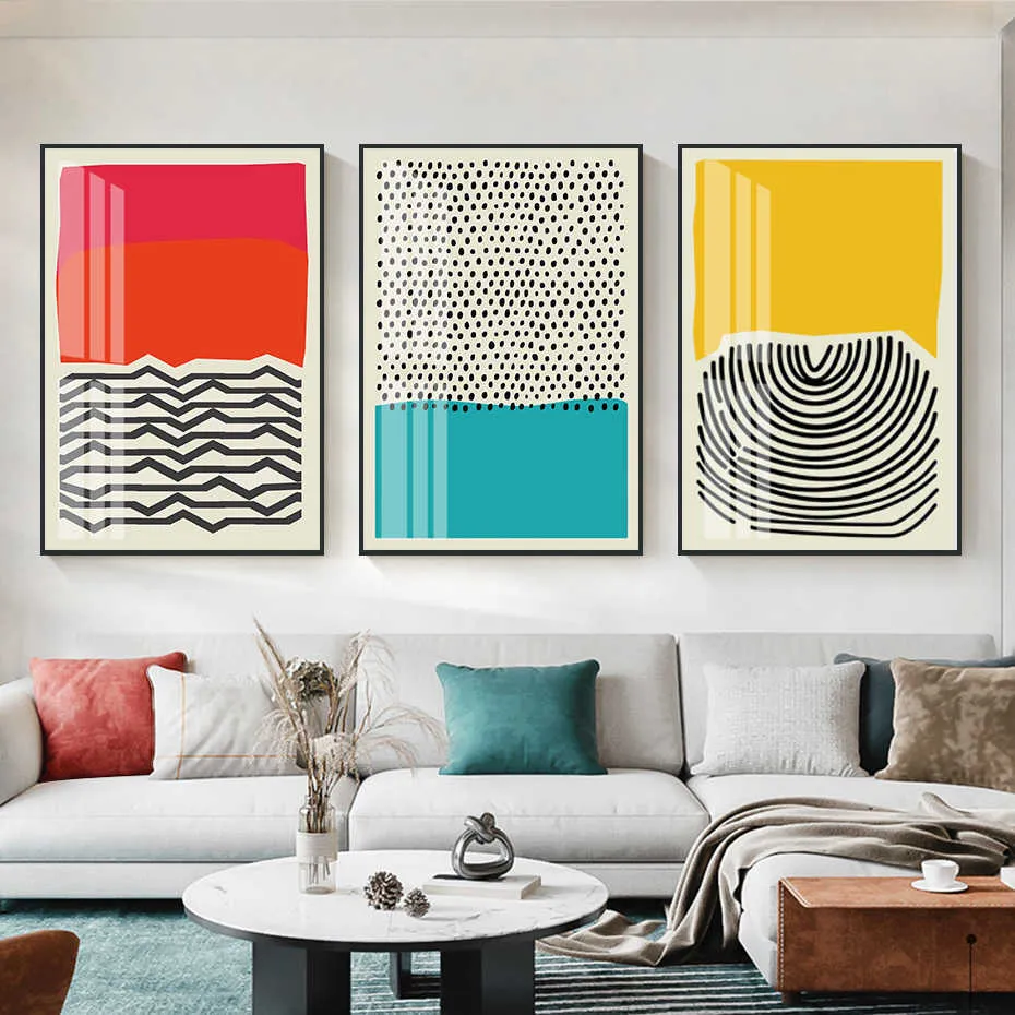 Papéis de parede de meados do século Modern Modern Color Blocks Line Poster Canvas Pintura Arte da parede Impressão da impressão Sala de estar Interior Decoração J230224