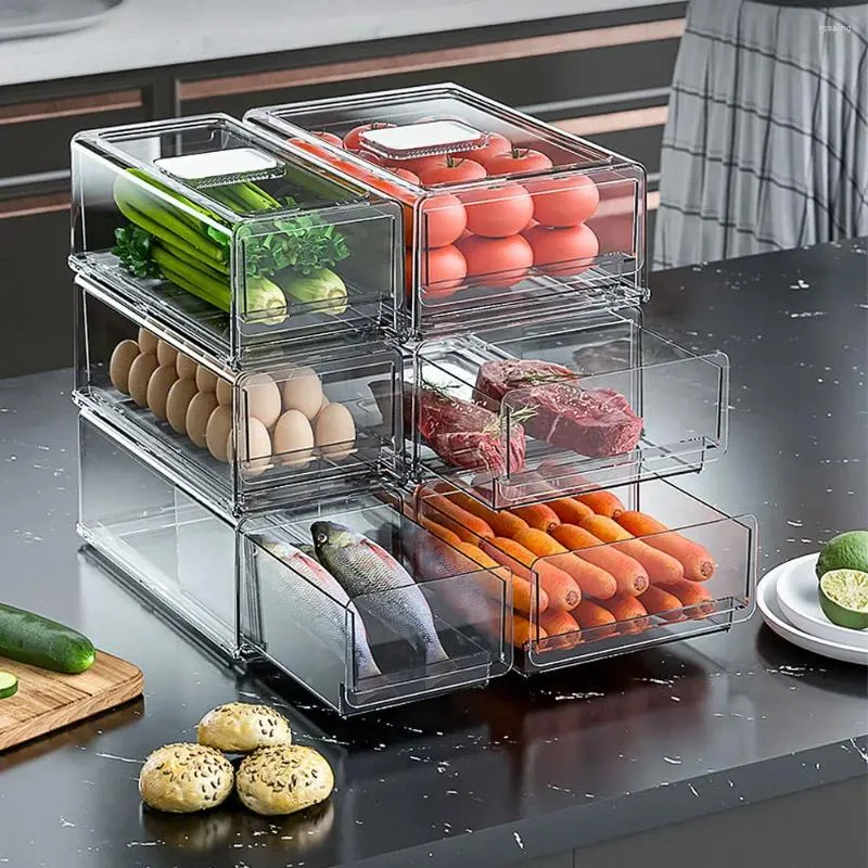 Bottiglie di stoccaggio Organizzatore per frigorifero Cassetto Organizzazione di bevande alimentari per cucina Contenitore per frutta e verdura Dispenser per contenitori impilabili