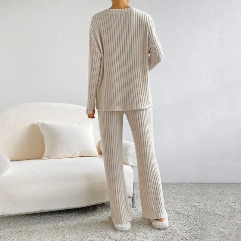 Dwuczęściowe spodnie dla kobiet miękki zestaw piżamy przytulny dzianinowy sweter stylowy V luźne pasy elastyczne kieszenie talii odzież domowa na jesień/zimę