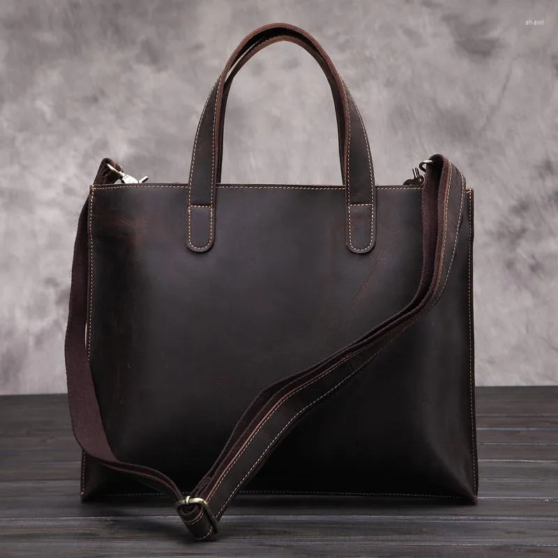 Borda de pasta para negócios vintage Men's Coffee Bedra Tote Tote de grande capacidade Saco de laptop de couro genuíno de alta qualidade