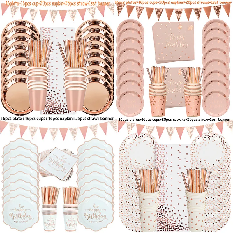 Andere evenementenfeestjes Rose Gold Verjaardagsdecoraties Wegwerpgerei Set papier Cup volwassen bruiloft Verjaardagsfeest Decoraties Kids Babyshower Girl 230422