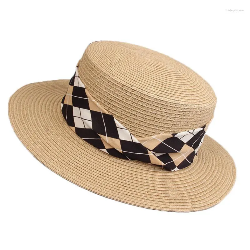 Hüte mit breiter Krempe, FS, Koreanisch, elegant, flaches Stroh, Jazz-Sonnenkappen für Frauen, Damen, Geometrie, Band, Mode, Urlaub, Strandhut, Sommer-Fedora