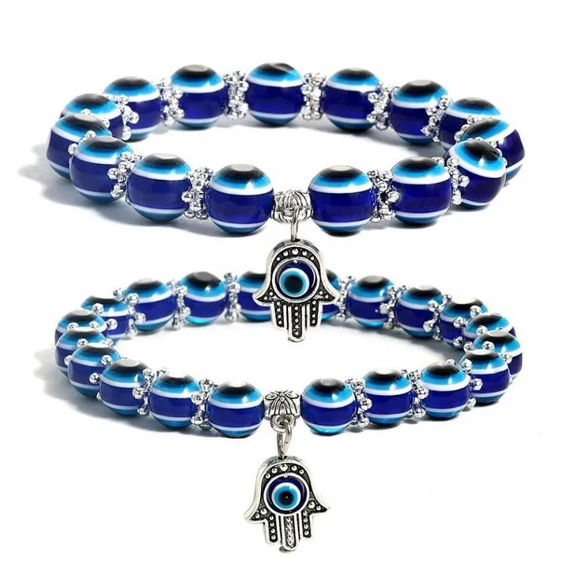 Frisado Evil Eye Frisado Strand Pulseira Mão de Fátima Turco Lucky Blue Eyes Stretch Beads Pulseiras 8mm / 10mm Bead Jóias Drop Deliv Dhvuz