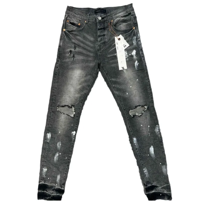 Lila Jeans, Designer-Stack-Jeans, weißer Punktdruck, Skinny-Stretchhose für Herren, Distressed-Reißverschlusshose für Herren, Stretch-Denim, Wildleder, hochwertige Stickerei