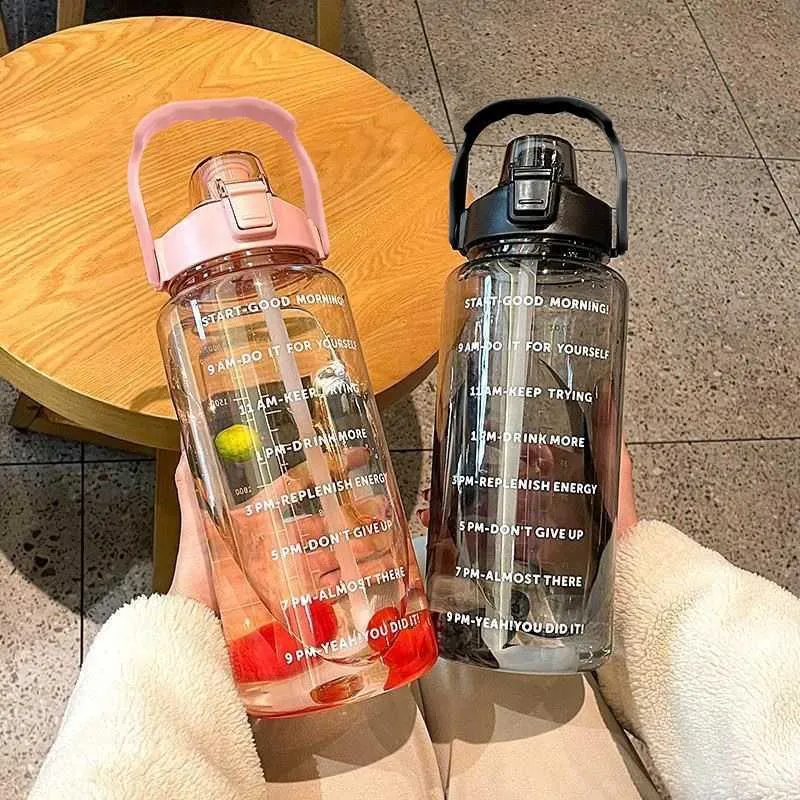 New 2 Liter Water Bottle with Straw Female Jug Girls Portable Travel bottles Fitness Bike Cup Summer Cold Water Jug with Time Marker