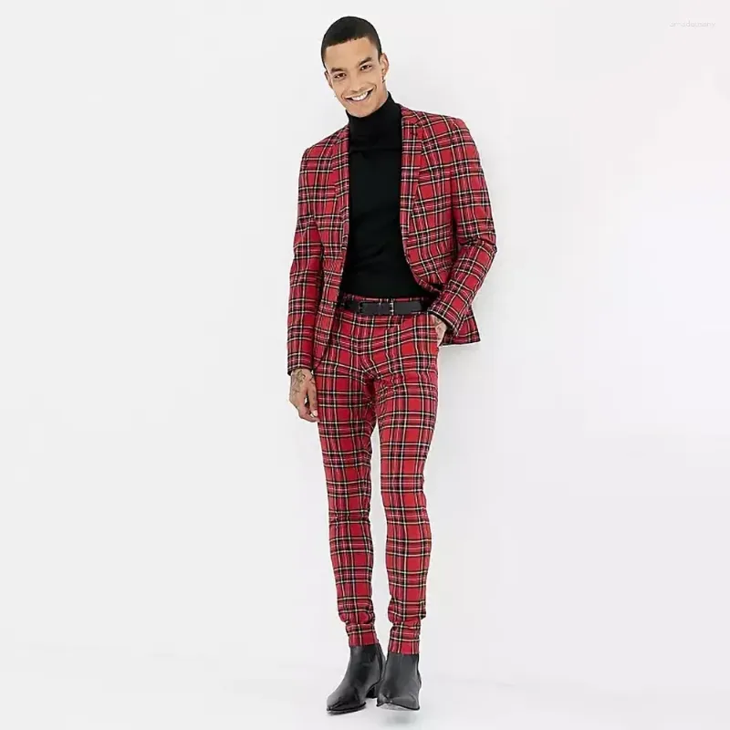 Ternos masculinos chique xadrez moda masculina notch lapela único breasted 2 peça elegante inteligente casual casamento noivo smoking blazer com calças