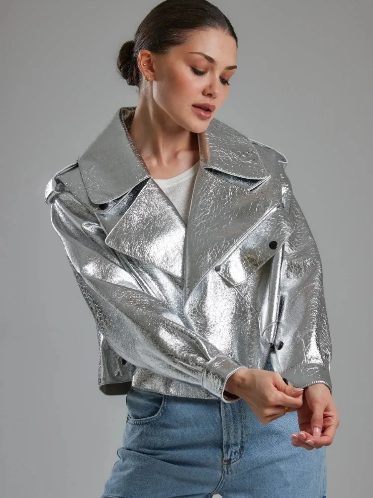 Women s Jackets Chic Silver Fake Leather Motorcycle Jacket Elegant Loose Lapel Long Sleeved PU Coat 2023 Autumn Lady Fashion Overcoat 231124