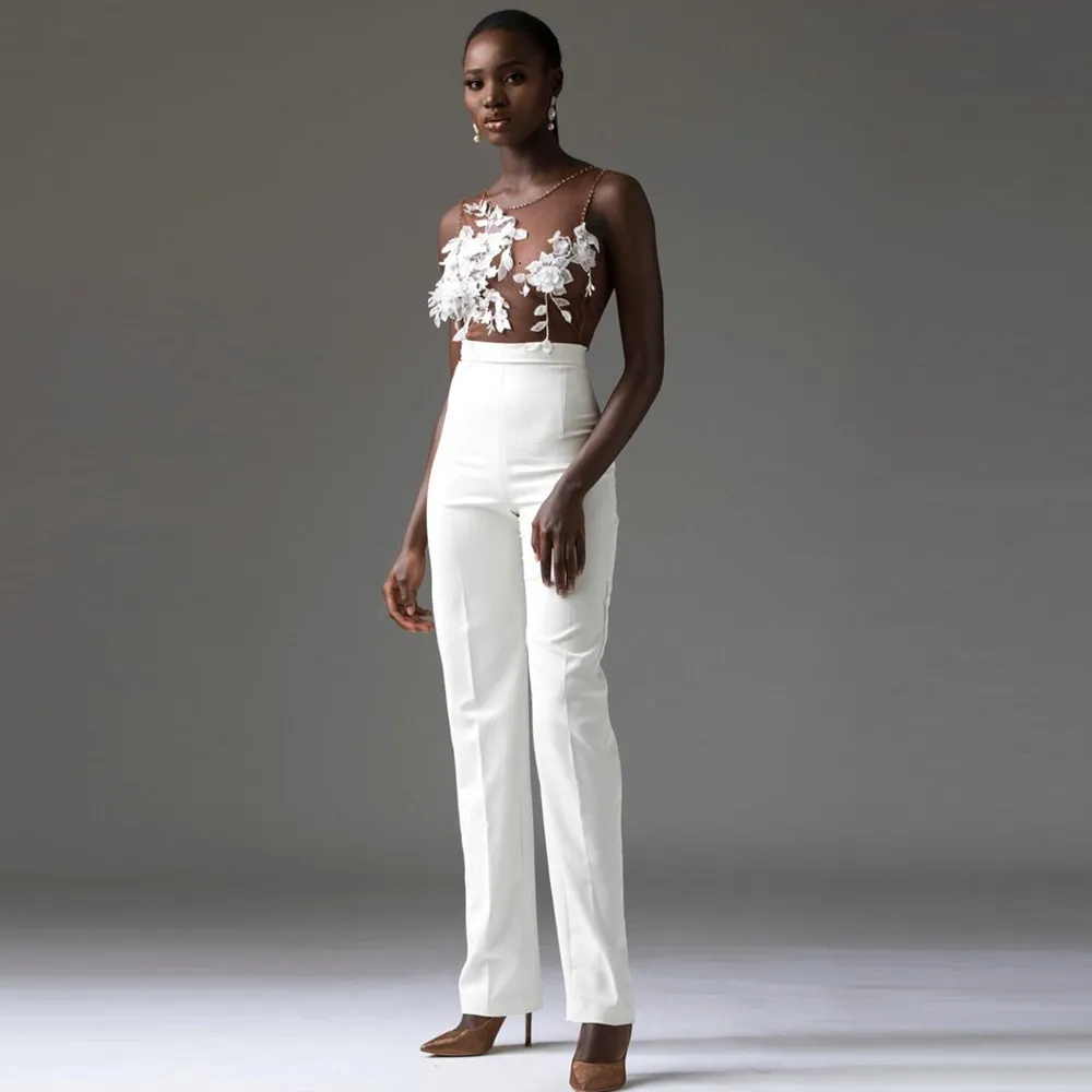 Eleganta blommor brud jumpsuit bröllopsklänningar spetsapplikationer brudklänningar anpassa 3d blommor ärmlös vestido de novia