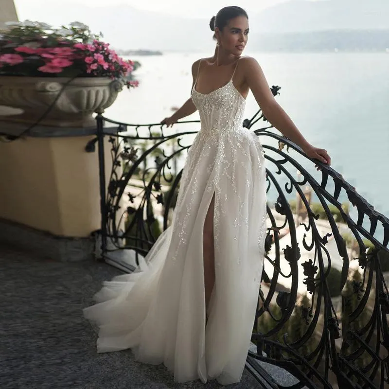Suknia ślubna luksusowe koraliki boho suknie a-liniowe paski spaghetti z przodu szczelinka panna młoda 2023 białe vestidos de novia