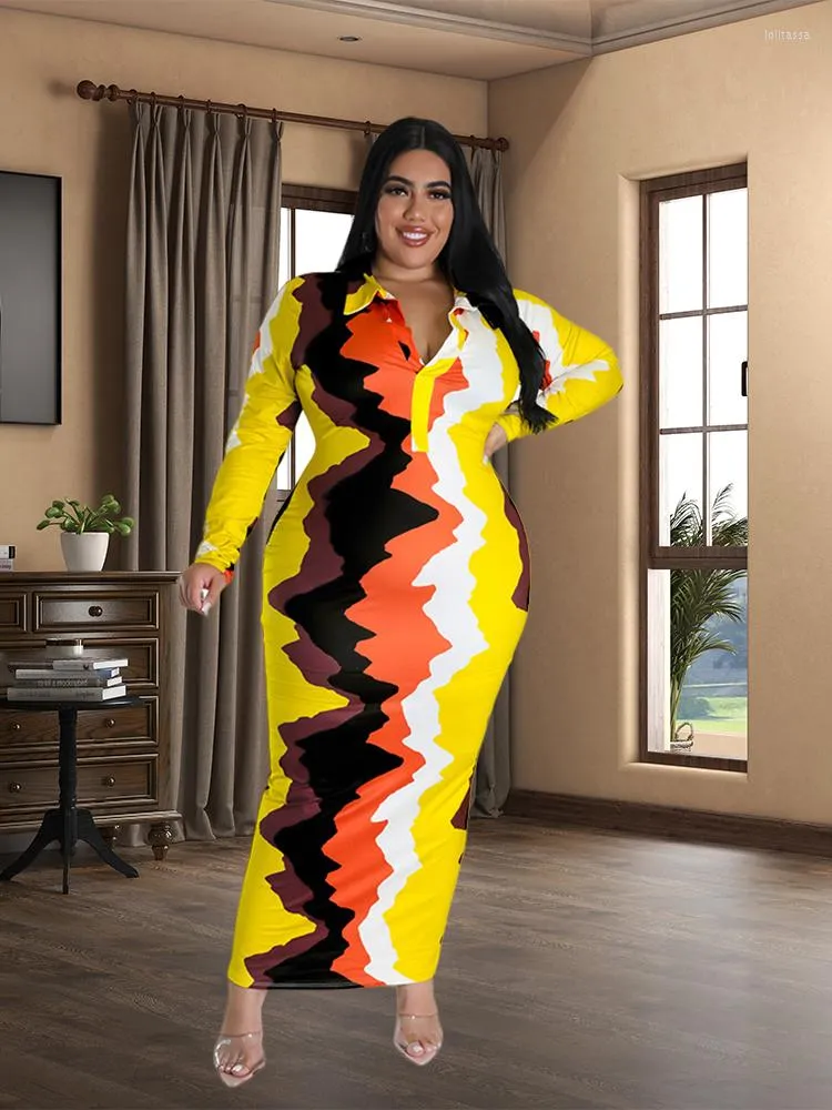 Plus size jurken Tie Dye Print V Nek lange mouw slanke fit maxi jurk medium stretch dames feestclub dames elegante bodycon