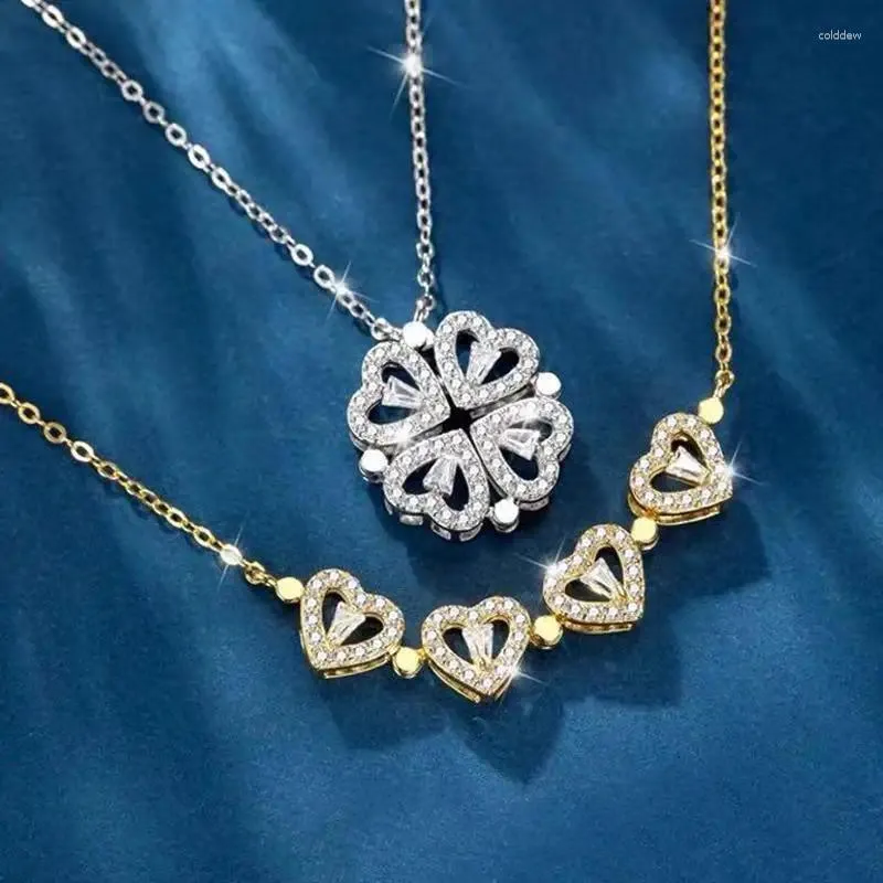 Pingente colares moda magnética dobrável coração colar para mulheres bonito 4 trevo feminino jóias presente retro