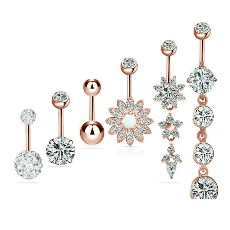 Nombril Bell Bouton Anneaux Cristal Zircon Bell Bouton Anneaux 316L En Acier Chirurgical Barbell Nombril Anneau Piercing Bijoux Ensembles Drop Deli Dha3H