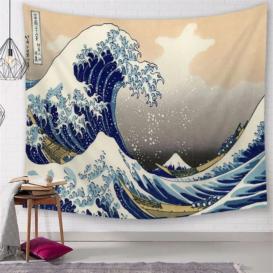 Tissu polyester décoration murale vintage style japonais tapisserie soleil et océan suspendu art vague de mer tapiz tenture mural177D