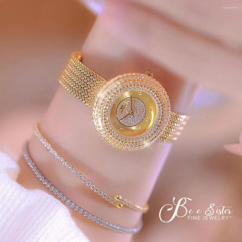 Armbanduhren BS Diamond Uhr für Damen Gold Edelstahl Weizenband Mode Quarz weiblich Silber Vollzifferblatt Uhren