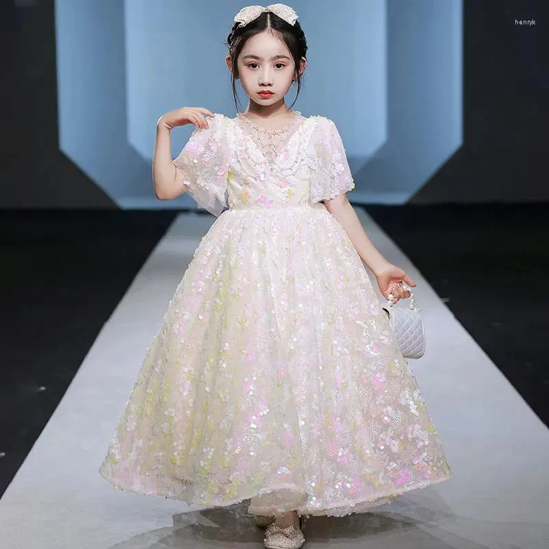 Girl Dresses Little Girls Sparkle Sequin Gown Kids Church White Pink Dress For Party Children Model Fashion Show Beauty Game Teen