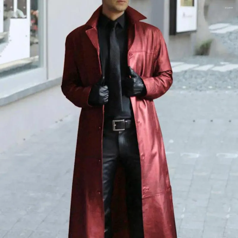 Trench da uomo Cappotto lungo Elegante streetwear antivento in ecopelle con colletto rovesciato Design manica slim fit