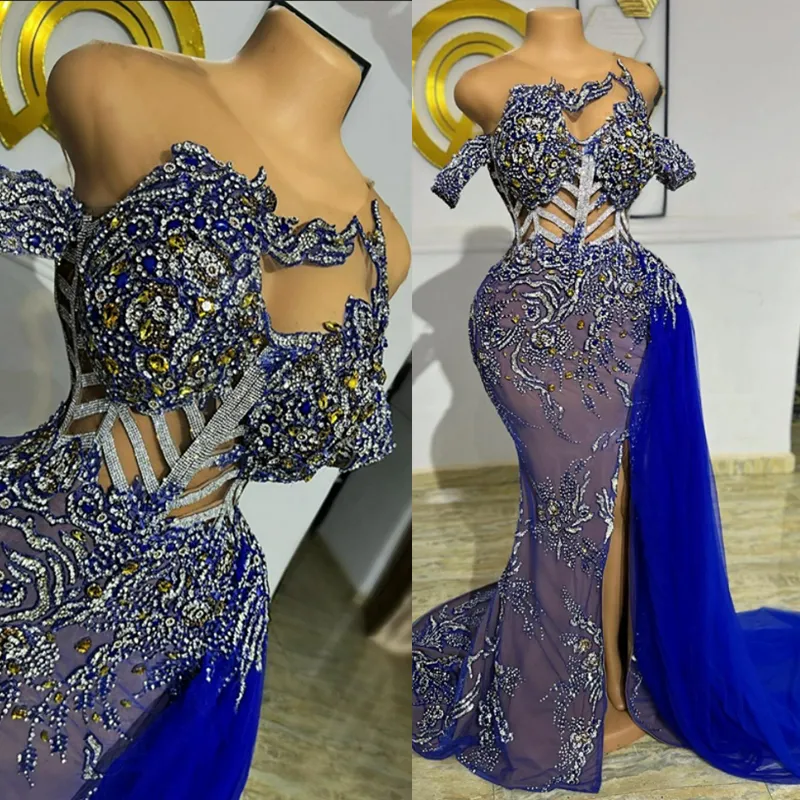 Ostatnie ASO EBI Blue Prom Suknie Syrenka Iluzja wieczorna przyjęcie urodzinowe Drugi przyjęcie afrykańska arabska Nigeria Formalna sukienka druhna Sukienka zaręczynowa ST261