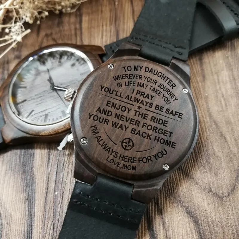 Relógios de pulso para minha filha relógio de madeira gravado aproveite o passeio e nunca esqueça seu caminho de volta para casa sândalo relógios femininos personalizadoswr