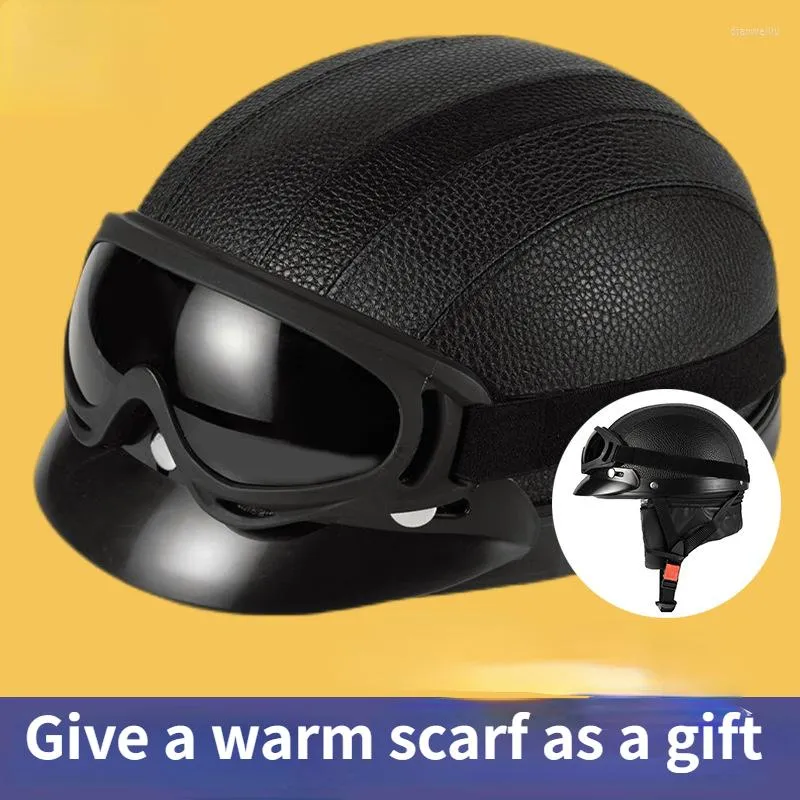Motorhelmen PU Leather Retro -helm met bril voor elektrische auto rijden vier seizoenen Veiligheidsbescherming half
