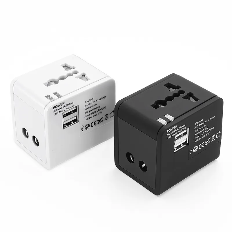 All-in-One-Universal-Reiseadapter, Wandladegerät, internationales Steckernetzteil mit zwei USB-Ladeanschlüssen für USA, EU, UK, AUS