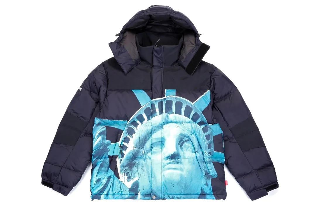 Mens Designer Statue of Liberty Puffer Jacket: Water-Resistant