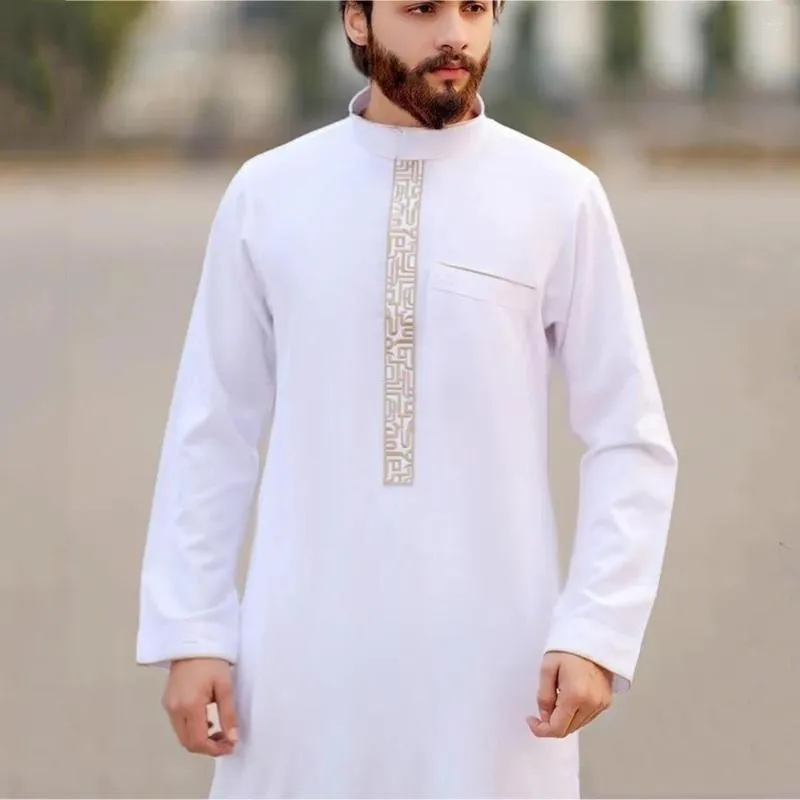 Ethnic Clothing Men Muslim Islamic Abaya Jubba Thobes Pakistan Moroccan Kaftan Print White Long Robes Saudi Arab Homme Eid Prayer Dress