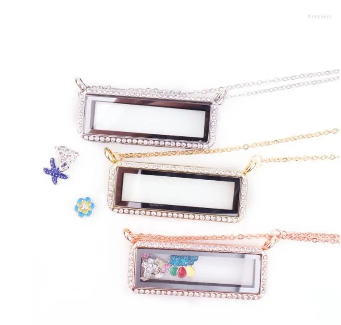 Pendant Necklaces 1PCS/lot 3Colors Floating Locket Necklace Alloy Rhinestones Rectangle Magnetic Glass Fashion Jewelrys