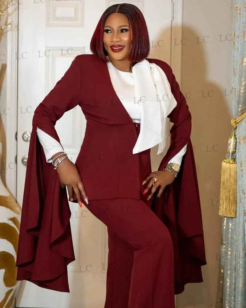 Women's Two Piece Pants Stylish Burgundy Women Suits 2 Pieces One Button  Blazer Flare Sleeves Slim No Lapel Plus Size Tailored Mother Of The