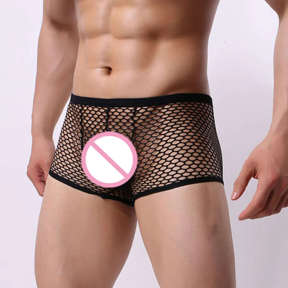 Homens sexy fishnet boxer shorts ver através de lingerie exótica respirável transparente roupa interior bulge bolsa bikini hombre