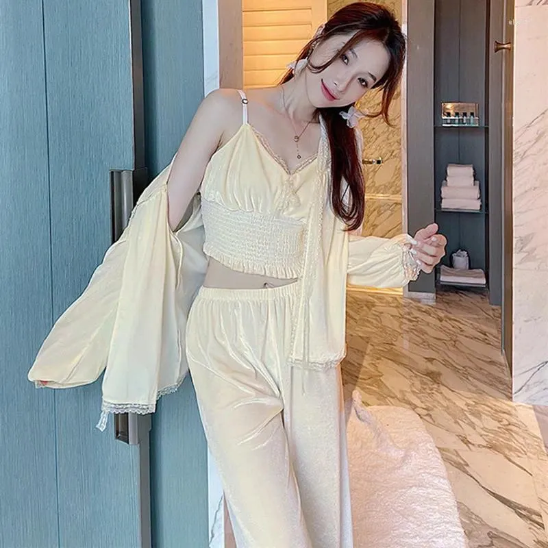 Women's Sleepwear Casual Sexy Sling Long Sleeve Shirt Pant Suit Gold Velvet Autumn Winter Pajamas Women Warm Three Pieces Set