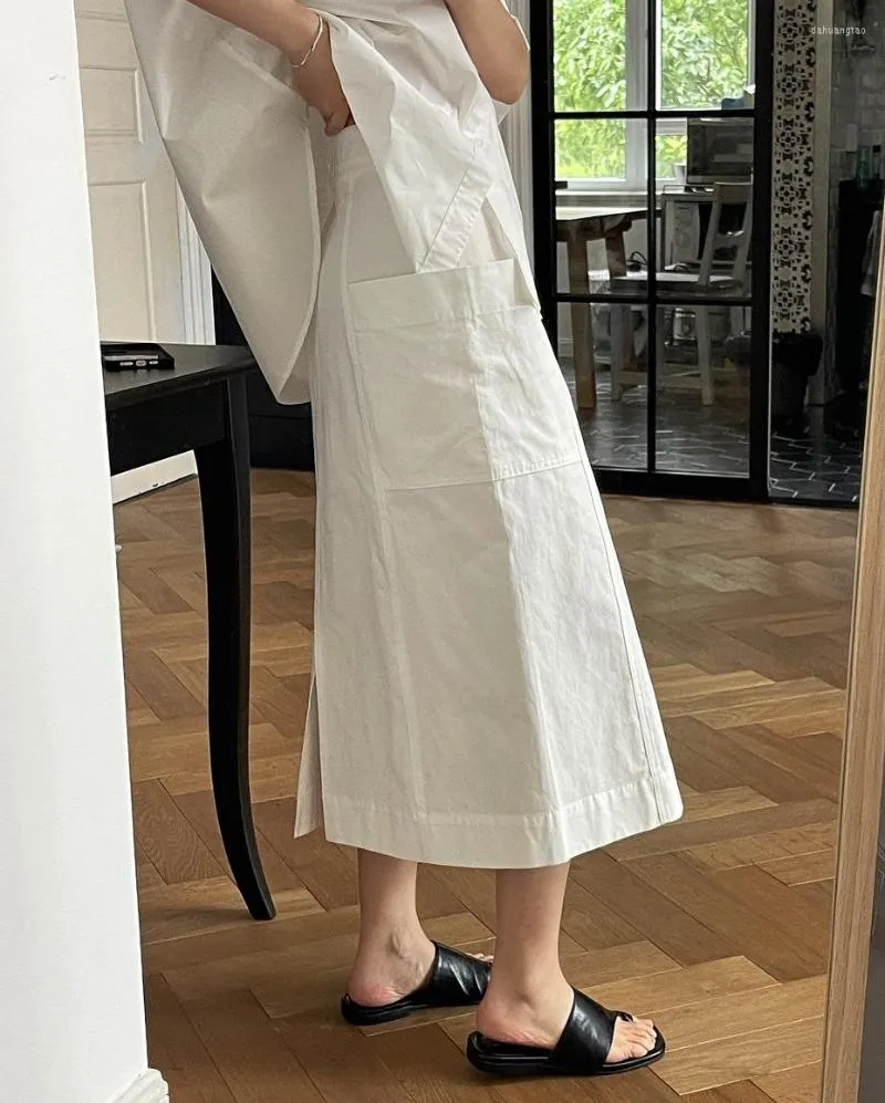 Jupes été femmes mode coréenne jupe fendue longueur blanc taille haute a-ligne Faldas Mujer Moda avec poche